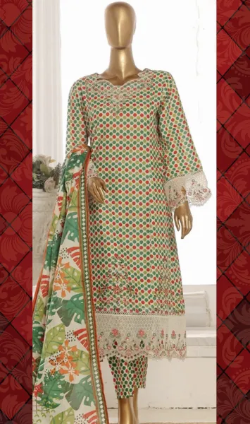Pakistani Original Bin Saeed luxury Stitched Cotton Embroidered Gown 3 Pcs _ Off White & Multi 